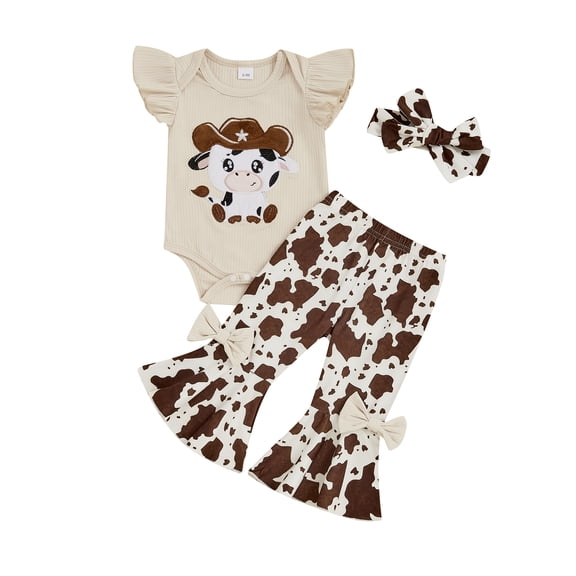 BemeyourBBs Newborn Western Baby Girls Cowgirl Outfits Cute Infant Baby Girls Spring Summer Fall Clothes Ruffle Sleeveless Cow Embroidery Romper Flare Pants Headband Set
