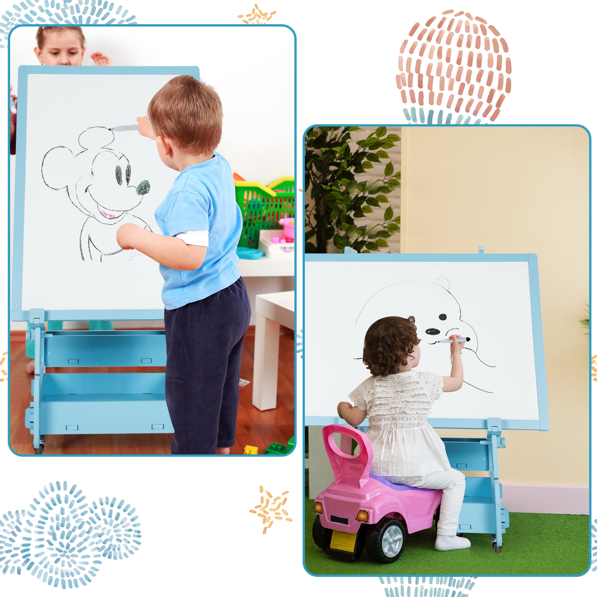 QZMTOY Kids Art Easel, Deluxe Standing Easel Set, Adjustable Art Table,  Magnetic Dry Erase Board&Chalkboard Double Sided Stand, 360°Rotating  Drawing