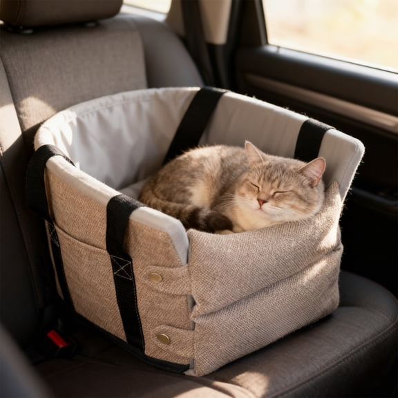 Waterproof Pet Car Seat Booster Non-Slip Beige Cloth - Back Seat Protection, Safety Belt Opening, PVC Frame, Fits Small Dogs & Cats up to 15 lb