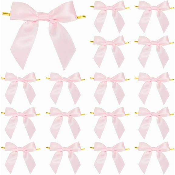 50Pcs Twist Tie Bows Mini Satin Ribbon Bows Pink 3 Inch Craft Gift Pre-Tied Bowknot with Twist Ties Premade for DIY Treat Bags Tying Up Packages Gift Wrapping Wedding Christmas Tree Decoration