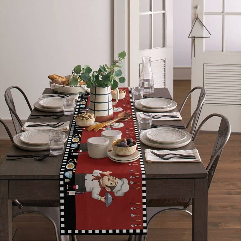 Retro Chef Table Runner - 13x108 Inch Burlap Style, Farmhouse Kitchen Decor | For Dining Table, Wedding, Party