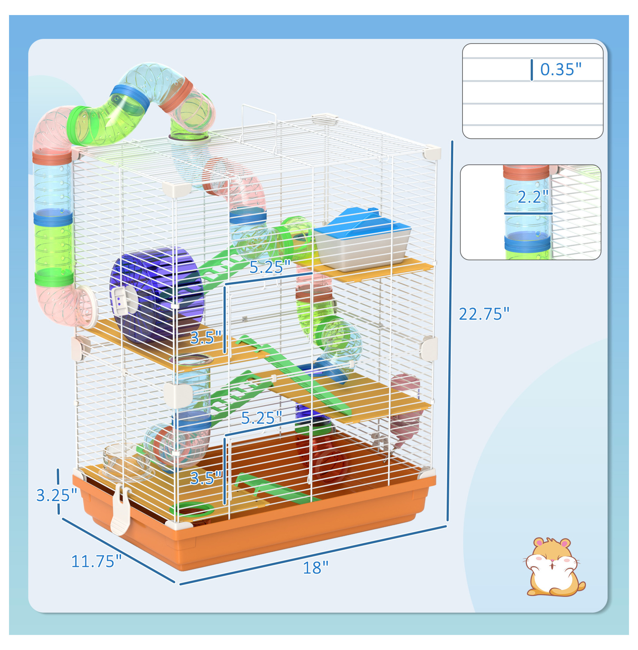 Hamster Cage 5 Tier Portable Carrier w/ Wheel & Tubes, Small Animal Habitat - Orange
