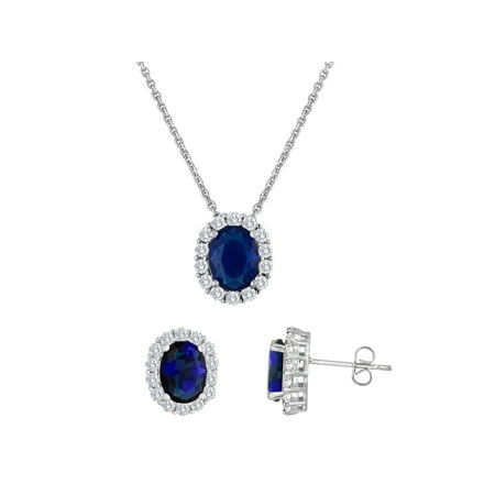 Simulated Blue Sapphire and CZ Fine Silver-Plated Boxed Set with Earring and Pendant, 18