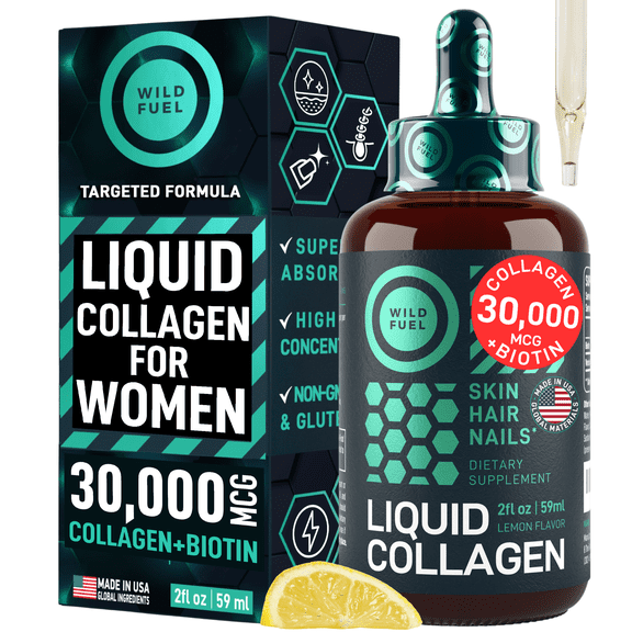 WILD FUEL Liquid Collagen Peptides with Biotin Vitamins for Hair Skin and Nails - 30,000mcg Biotin and Collagen Liquid for Women and Men - Lemon Flavor, up to 2-Month - 2 oz