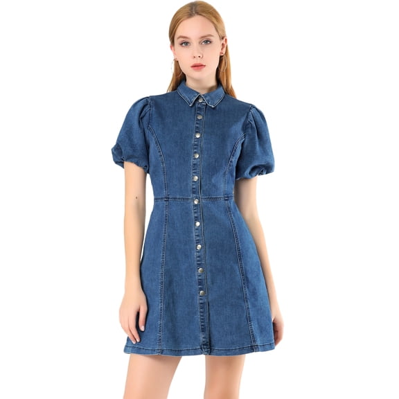 Mini vestido vaquero de mezclilla con botones en la parte delantera y manga corta abullonada para mujer Azul oscuro M