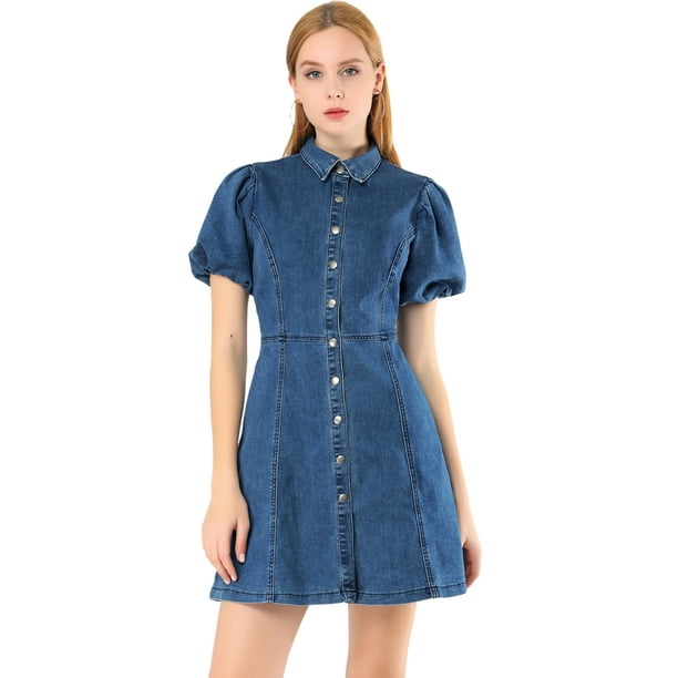 Mini vestido vaquero Allegra K de mezclilla con botones manga corta Azul oscuro S