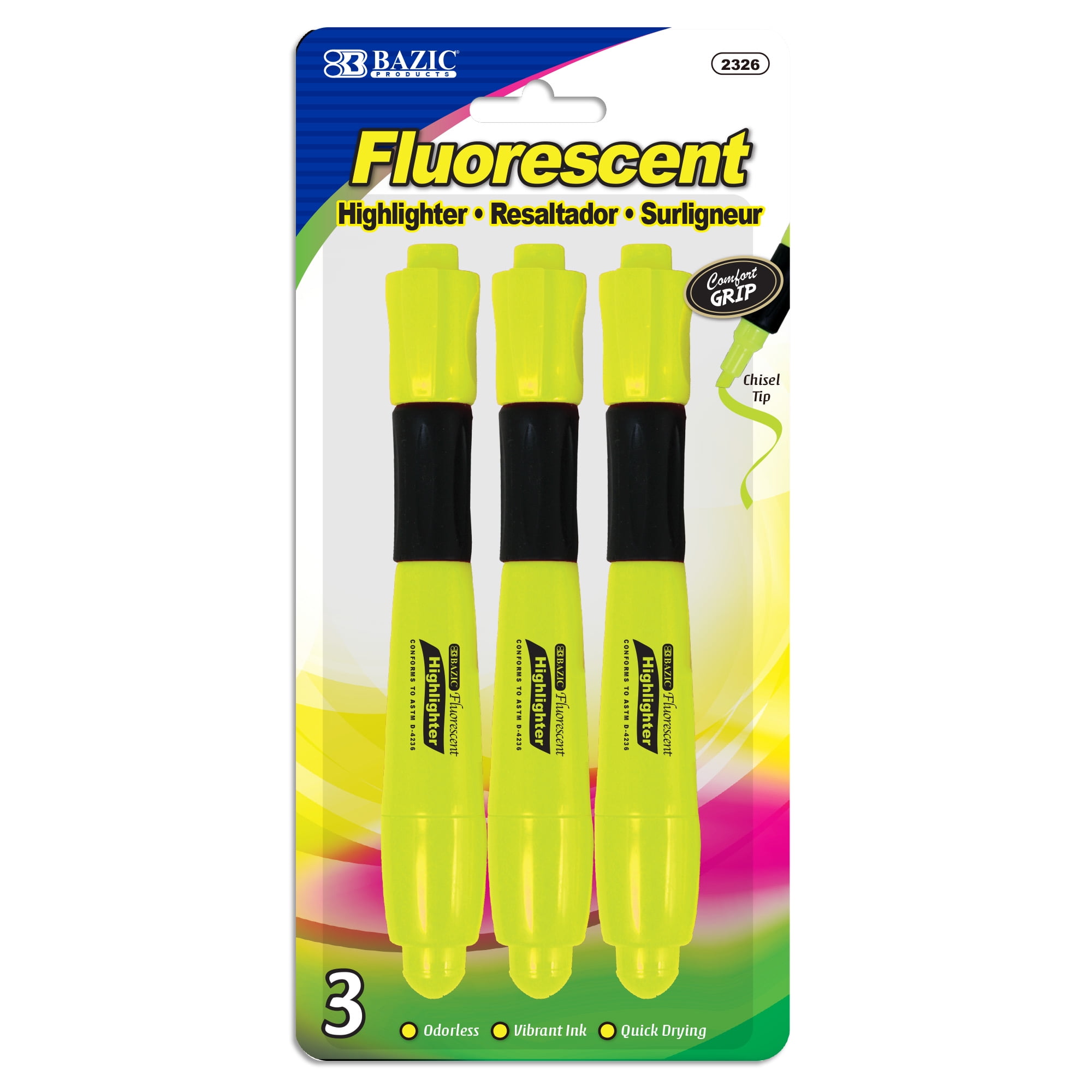 BAZIC Highlighter Yellow Color Desk Style, Soft Grip Chisel Tip Broad Fine Line Highlighters