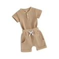 thumbnail image 2 of Musuos Baby Boy Summer Clothes 3 6 9 12M Solid Color Waffle Short Sleeve Button Romper with Shorts 2Pcs Outfit, 2 of 10