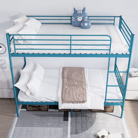 Twin Over Twin Size Bunk Bed Frame with Storage Space and Able to Split, Metal Bunk Bed with Ladder and high Guardrail, for Bedroom, Apartment, Dorm, Easy Assembly, Mattress Not Included, Blue