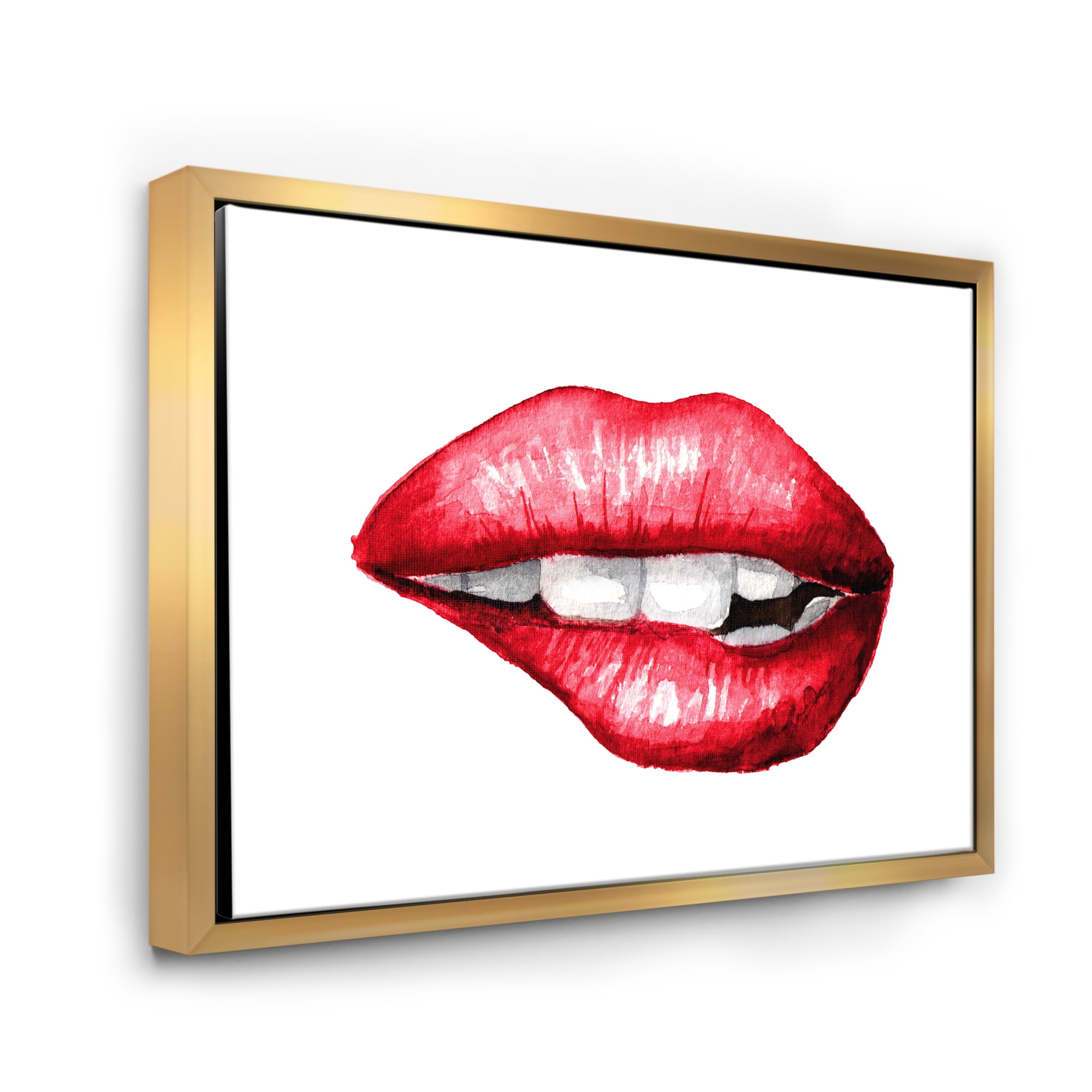 Designart 'Sexy Plump Puffy Girl Lips Biting' Modern Framed Canvas Wall Art Print