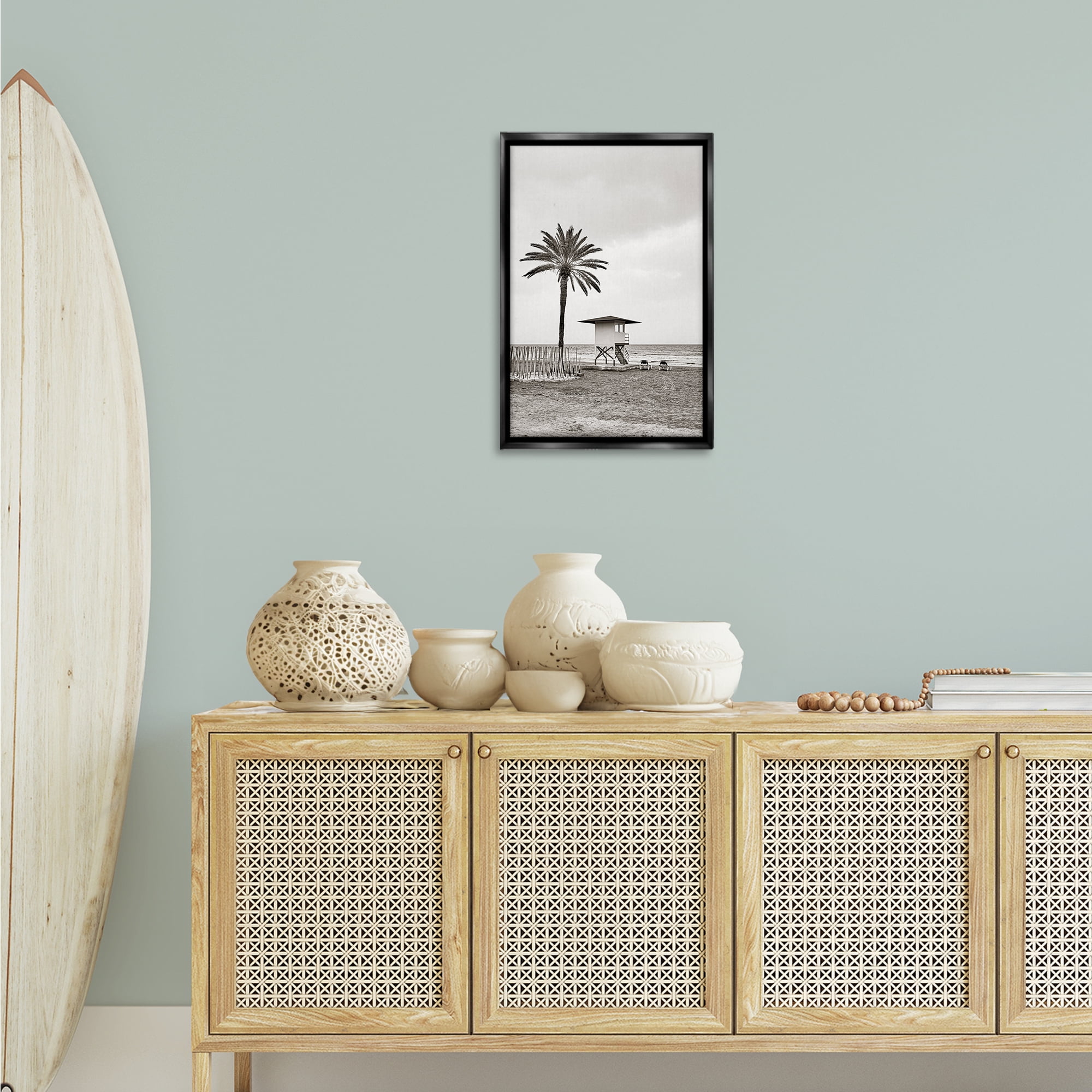 Stupell Industries Lifeguard Tower & Palm Landscape & Nature Photography Black Floater Framed Canvas Art Print Wall Art, 17 x 25