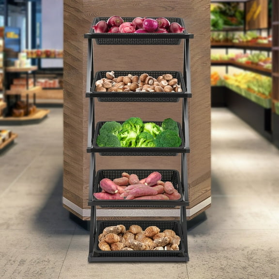 5-Tier Commercial Retail Display Rack, Heavy Duty Fruit Vegetable Shelf with Slanted Baskets 59in Height