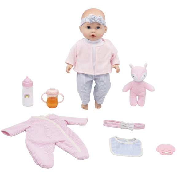 Baby Dreami: 14" Baby Doll Care Playset - Pink & Blue Long-Sleeve Stripe Outfit, Extra Onesie, Plush Fox Animal Toy, Bib-Bottle-Binky, Kid-Toddlers 2