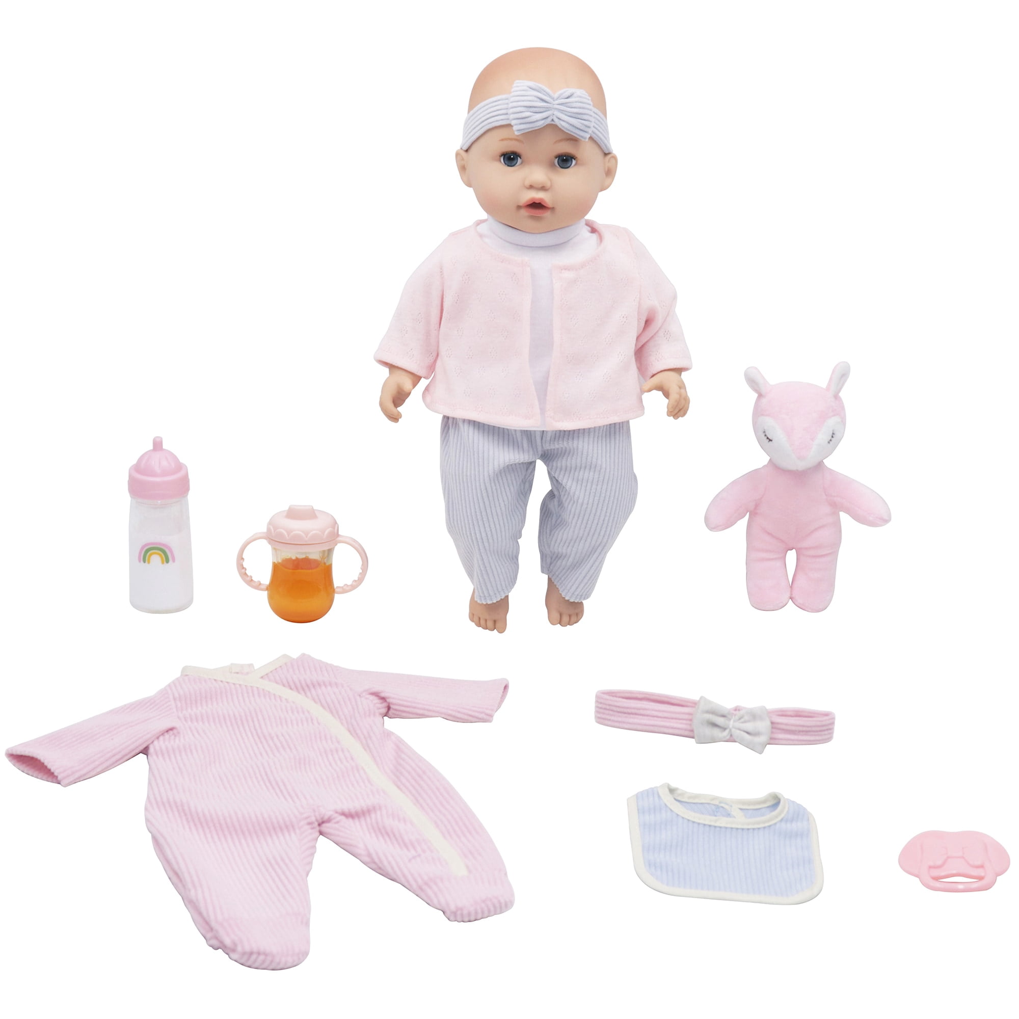 Baby Dreami: 14 Baby Doll Care Playset - Pink & Blue Long-Sleeve Stripe Outfit Extra Onesie Plush Fox Animal Toy Bib-Bottle-Binky Kid-Toddlers 2+