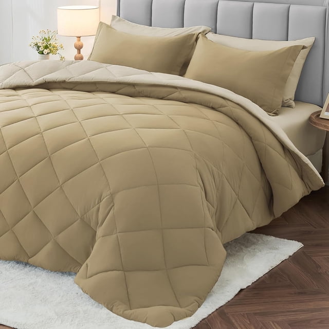 Ensemble Douillette Grand 7 Pcs MUXHOMO, Sac de Literie Toutes Saisons Format Grand, Ensemble de Literie Réversible avec Douillette, Drap Plat, Drap-Housse, Taies d'Oreiller et Couvre-Oreillers, Kaki et Lin