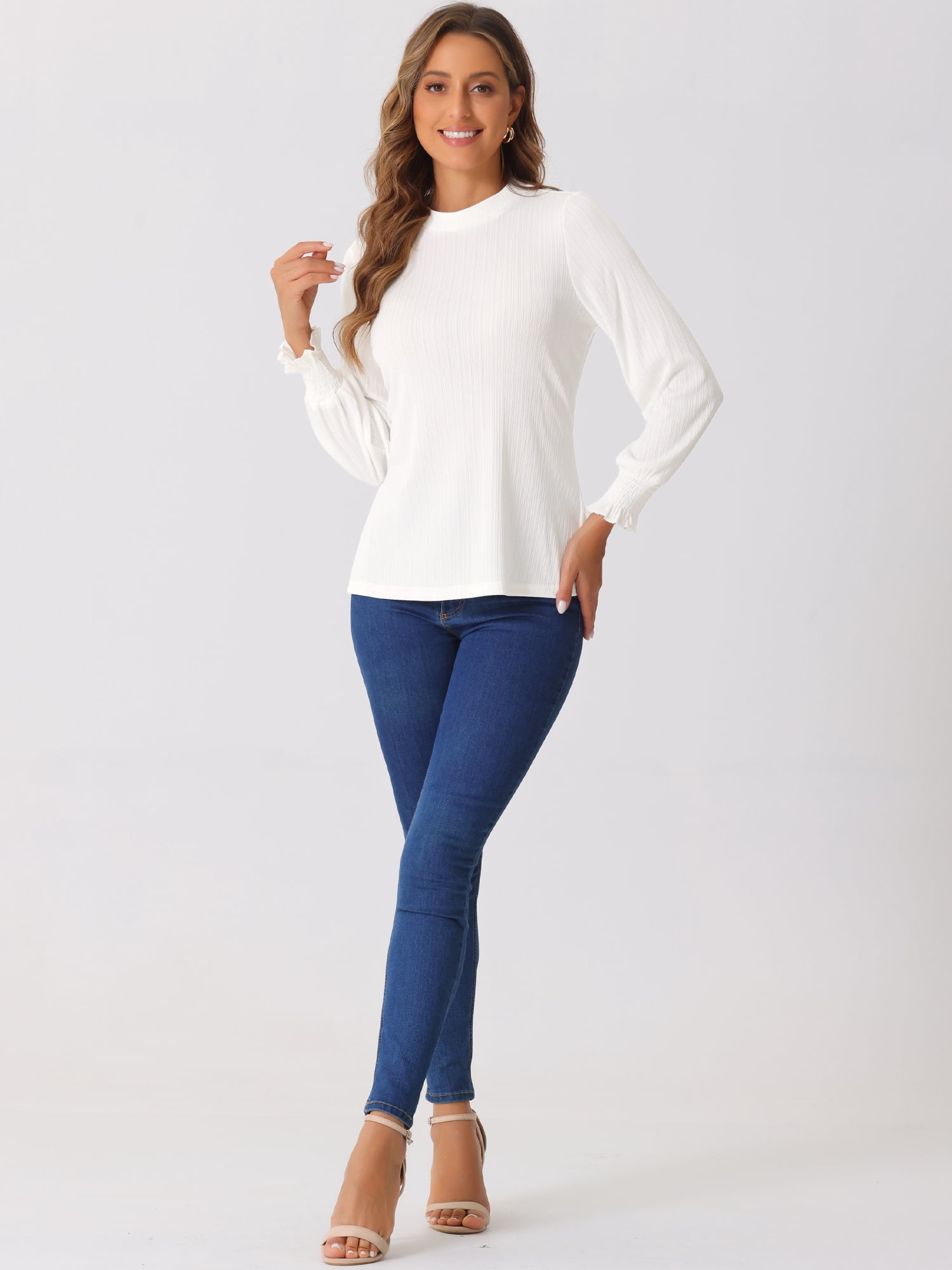 DARING DIVA Women's Mock Neck Smocked Ruffle Cuff Tops M White