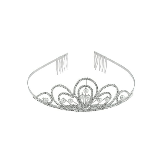 Lux Accessories Silver Tone Princess Tiara Pearls Crystal Rhinestone Headband