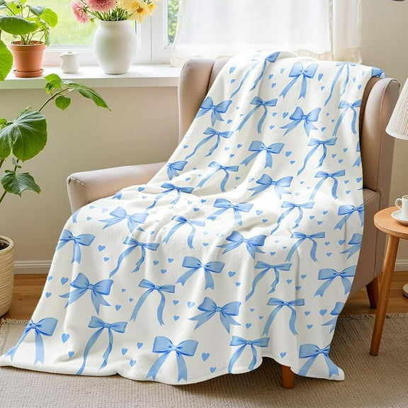 Blue Bow Fleece Blanket 50x60 Inch Christmas Birthday Valentine's Day Gifts for Girls Women Blue Throw Blanket Coquette Preppy Bow Decor for Bedroom Dorm Soft Lightweight Bed Sofa Throws