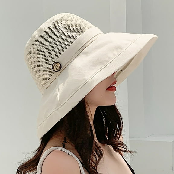 Cheers.US Women Girls Lady Floral Interior Button Decor Large Wide Brim Sun Hat Outdoor Bucket Beach Sun Cap with Chin Strap