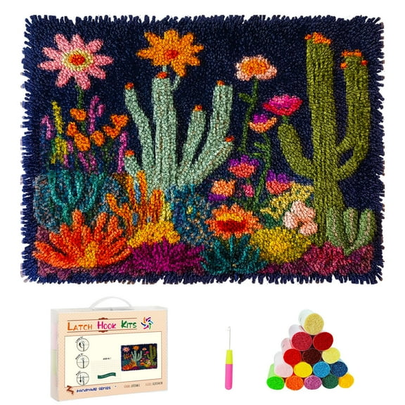 DIY Latch Hook Rug Kits Colorful Desert Landscape Cactus and Wildflowers Stamped Non-slip Mat Crochet Yarn Hook and Latch Emboridery Tapestry for Home Floor Decor and Pet Warm Cushion 52x38cm(2)