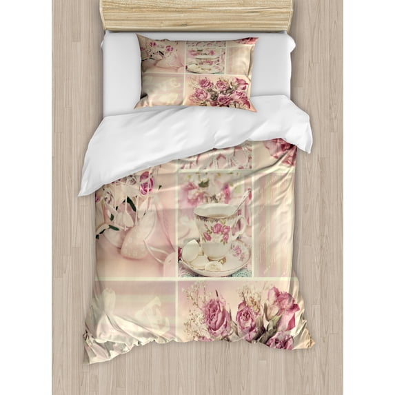Shabby Flora Duvet Cover Set, Grandmother Mothers Day Vintage Themed Lace Cage Cups Flowers, Decorative 2 Piece Bedding Set with 1 Pillow Shams, Twin Size, Pale Pink White, by Ambesonne
