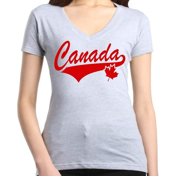 Shop4Ever Women's Canada Red with Leaf Canadian Flag Slim Fit V-Neck T-Shirt Large Sports Grey
