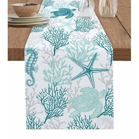 

Turquoise Coastal Table Runner Sea Turtle Nautical Coral Summer Beach Tablerunners 13 x 120 Inch Table Decorations Tabletop Scarf for Summer Gathering Holiday Farmhouse Kitchen Dining Decor