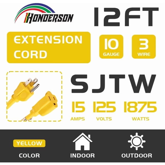 OTGFRF-Indoor Outdoor Extension Cord Weatherproof, UL Listed, 10 Gauge 12FT Yellow 3 Prong Heavy Duty, 10/3 SJTW 15A Power Cord for Outdoor Lights, Appliances, Lawn