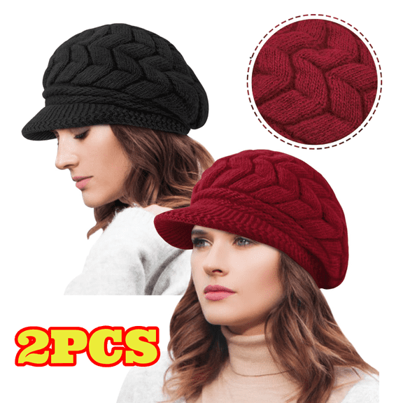 2pcs Winter Hats for Women, Warm Knit Hat Slouchy Beanie Cap with Brim