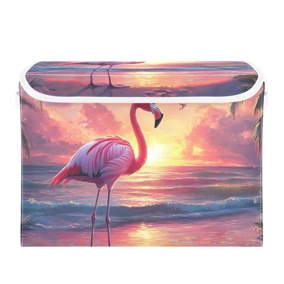 Flamingo on Dreamy Sunset Beach Foldable Storage Bin with Lid and Handle Collapsible Storage Box 16.5 x 12.6 x 11.8 inches