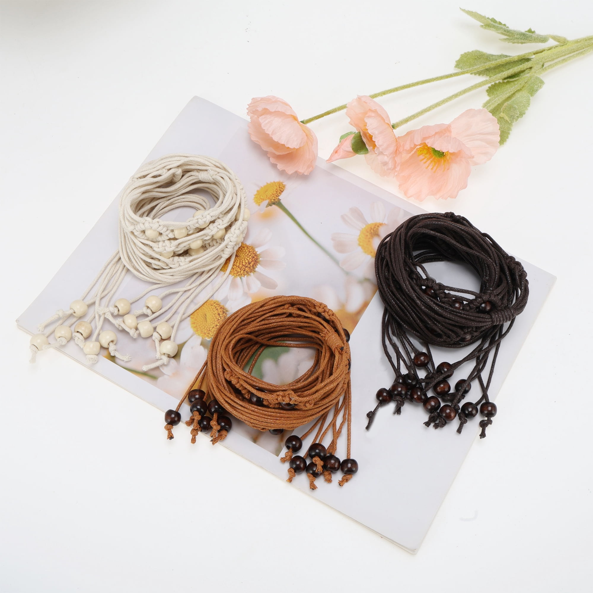 Unique Bargains Beaded Weaving Adjustable Waist Rope Fashion Accessory for Women Brown