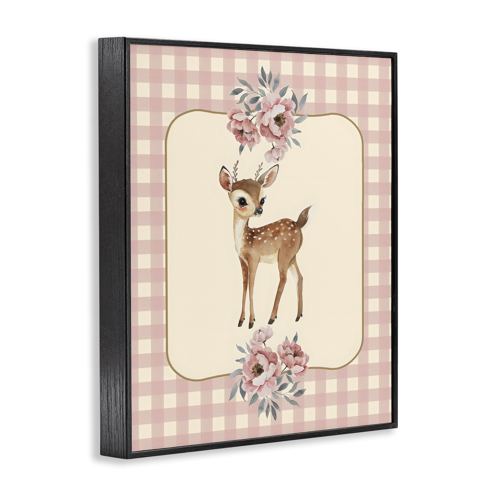 Stupell Industries Baby Deer Pink Gingham Black Framed Giclee Art, design by LSR Design Studio