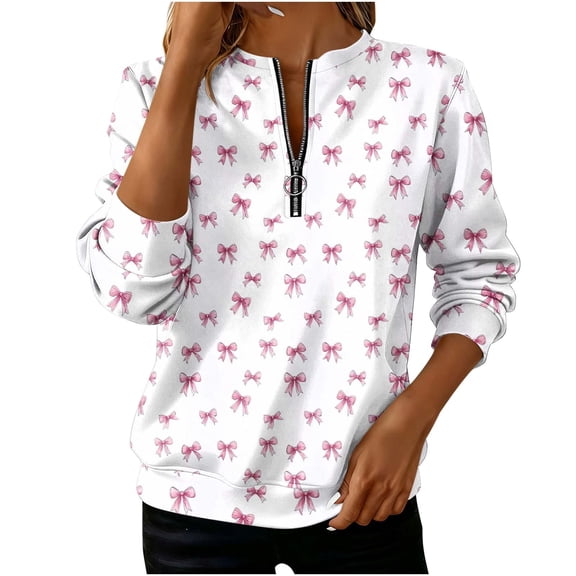Yangnuo Womens Trendy Casual Valentine's Day Printed Half-Zip Blouses Tops Women's Loose Round-neck Sweatshirt