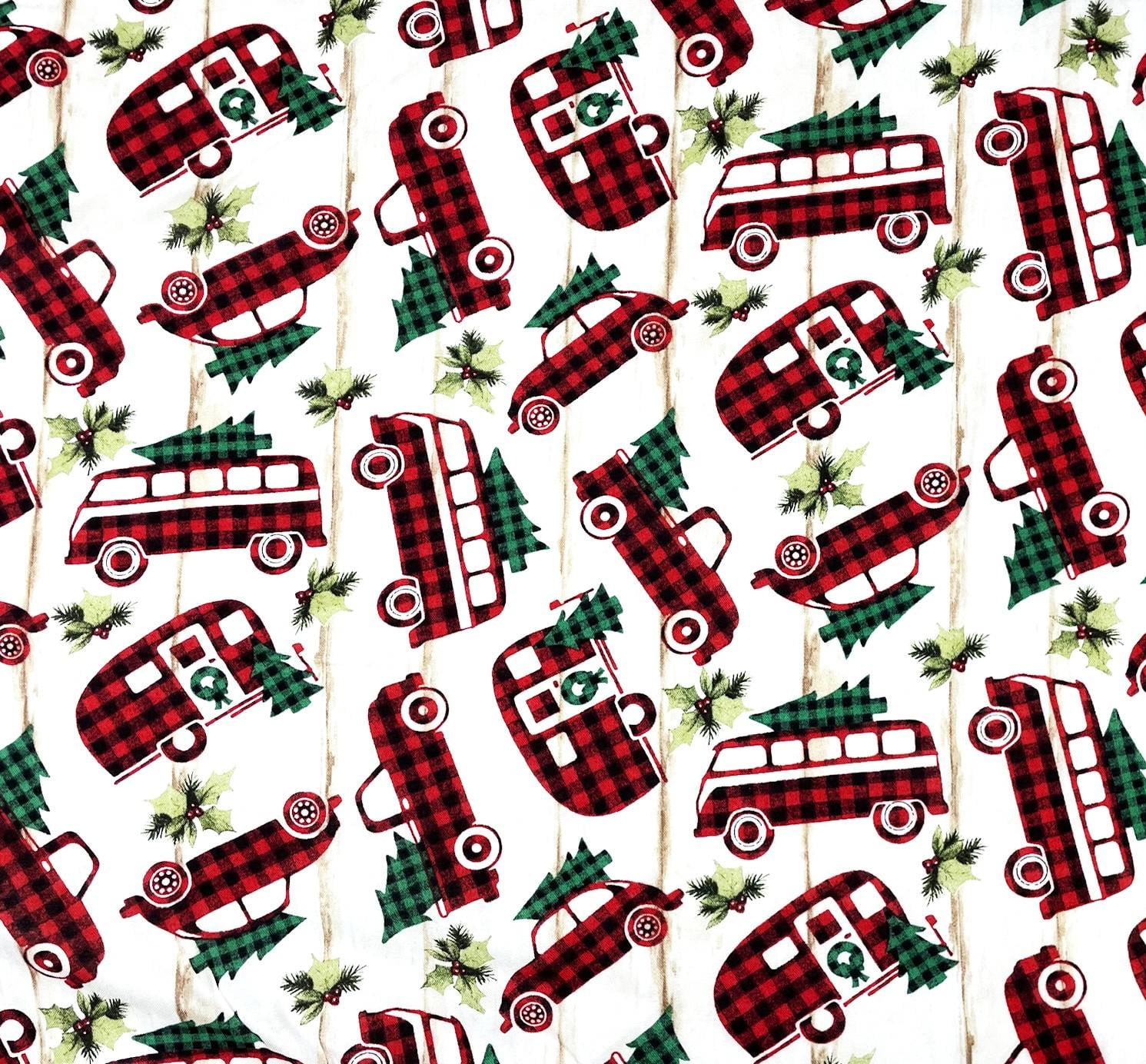 1 Yard - Christmas VW Van Teardrop Camper & Pickup Truck Red Plaid Cotton Fabric (Great for Quilting, Sewing, Craft Projects, Throw Pillows & More) 1 Yard X 44" Wide