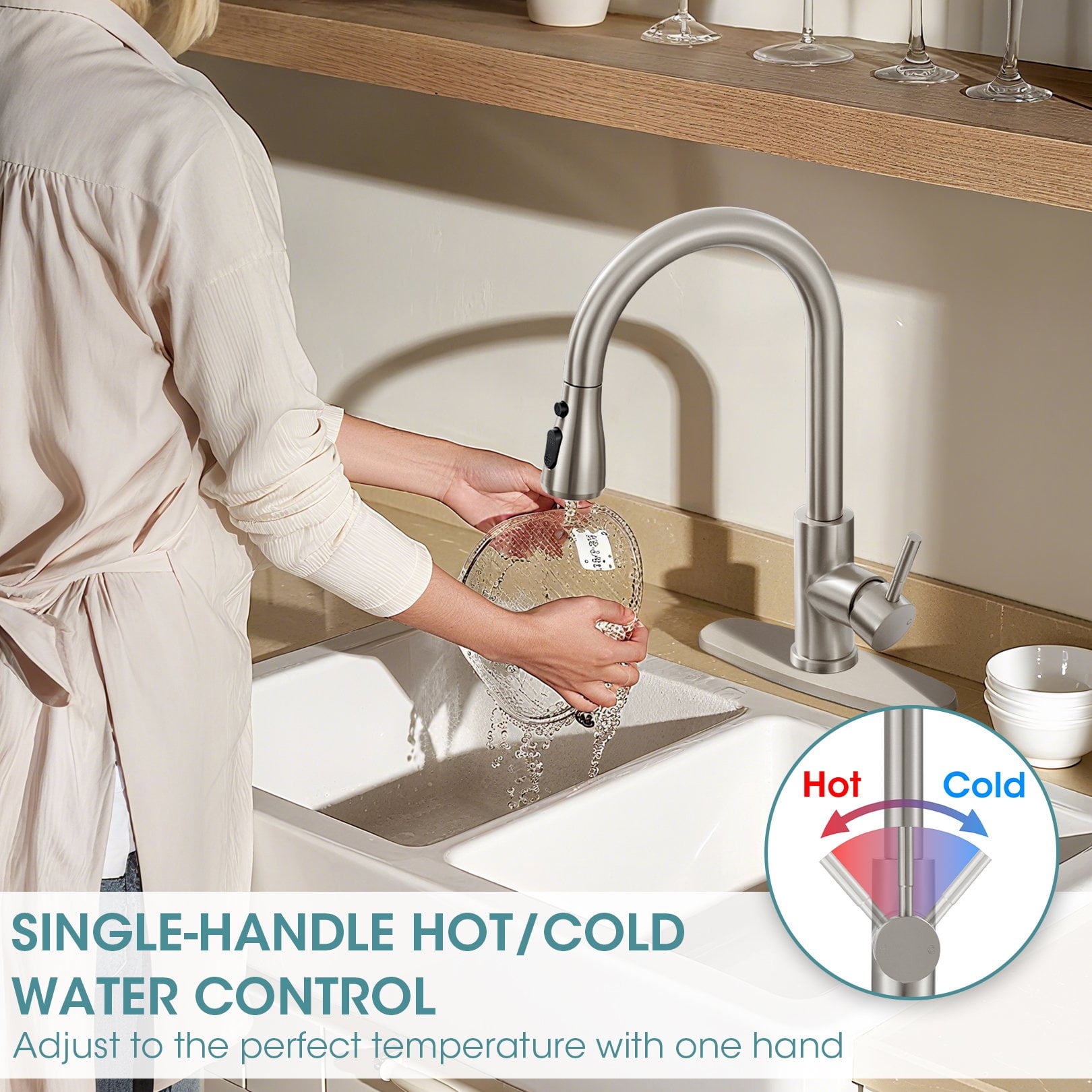 Wowkk Sanitary Ware Kitchen Sink Faucet with Pull Down Sprayer, Single Handle SUS304 Stainless Steel Kitchen Faucets with Deck Plate, Brushed Nickel