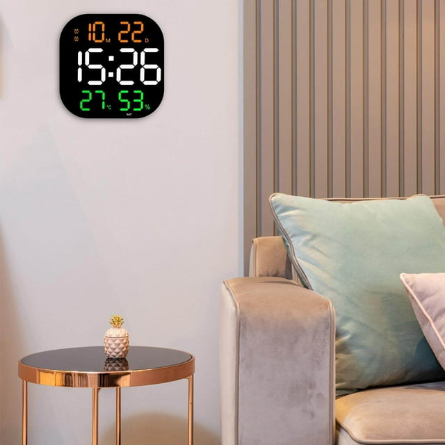 facefd Digital Wall Clock Temp Date Week Display Large Screen Adjustable Brightness Orange and Green