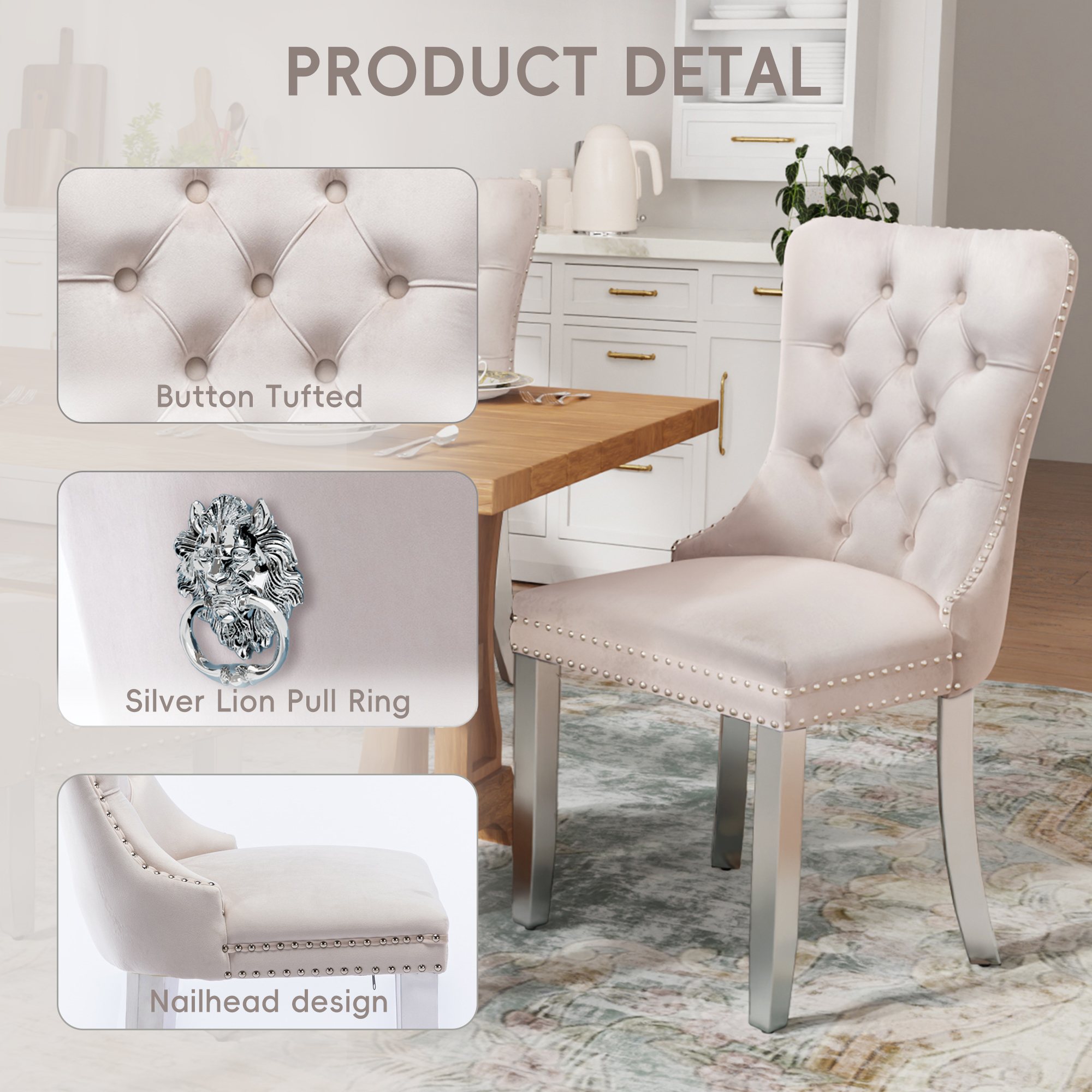 DONICK Velvet Upholstered Dining Chairs , Kitchen & Dining Room Chairs, Nailheads Tufted, Soft, Solid Wood Frame (Beige Silver, Set of 2)