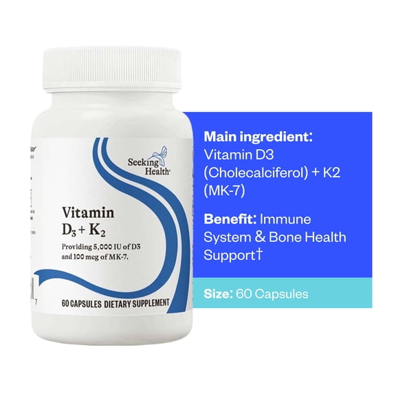 Seeking Health Vitamin D3 K2 - Immune System & Bone Health Support with vitamin D3 (Cholecalciferol) & Vitamin K2 (Menaquinone-7) - Vegetarian Vitamin D & K Supplement - 60 Capsules