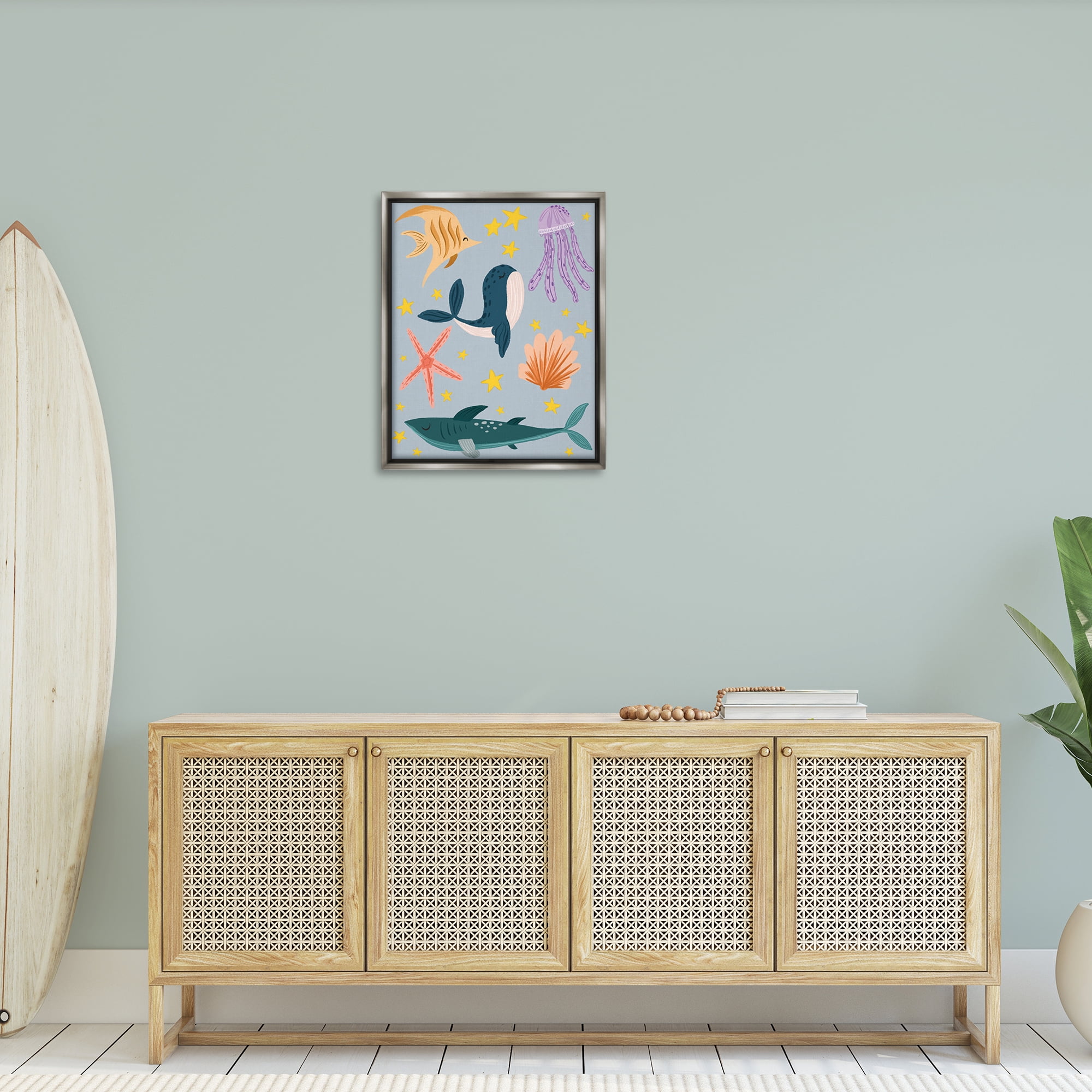 Stupell Industries Whimsical Marine Creatures Animals Painting Gray Floater Framed Canvas Art Print Wall Art, 25 x 31