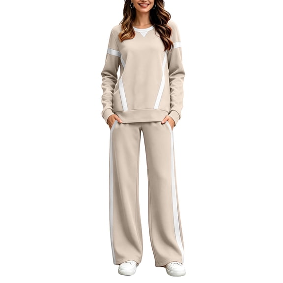 Gytharion Women's Color-blocking 2 Piece Sports Sweatsuits Fashion Casual Lounge Sets Soft Long Sleeve Crewneck Pullover Sweatshirt and Elastic Waist Comfortable Wide Leg Pants with Pockets