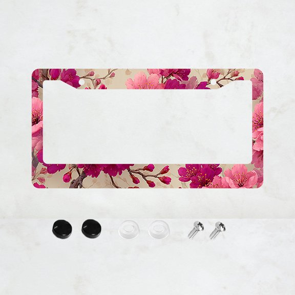 1pc Pink Cherry Blossom Pattern 2 Hole License Plate Frame Aluminum Material 6x12 Inches with Screw Set Vintage Novelty Car Decoration Gift US Standard Size Universal Fit for Auto License Plates