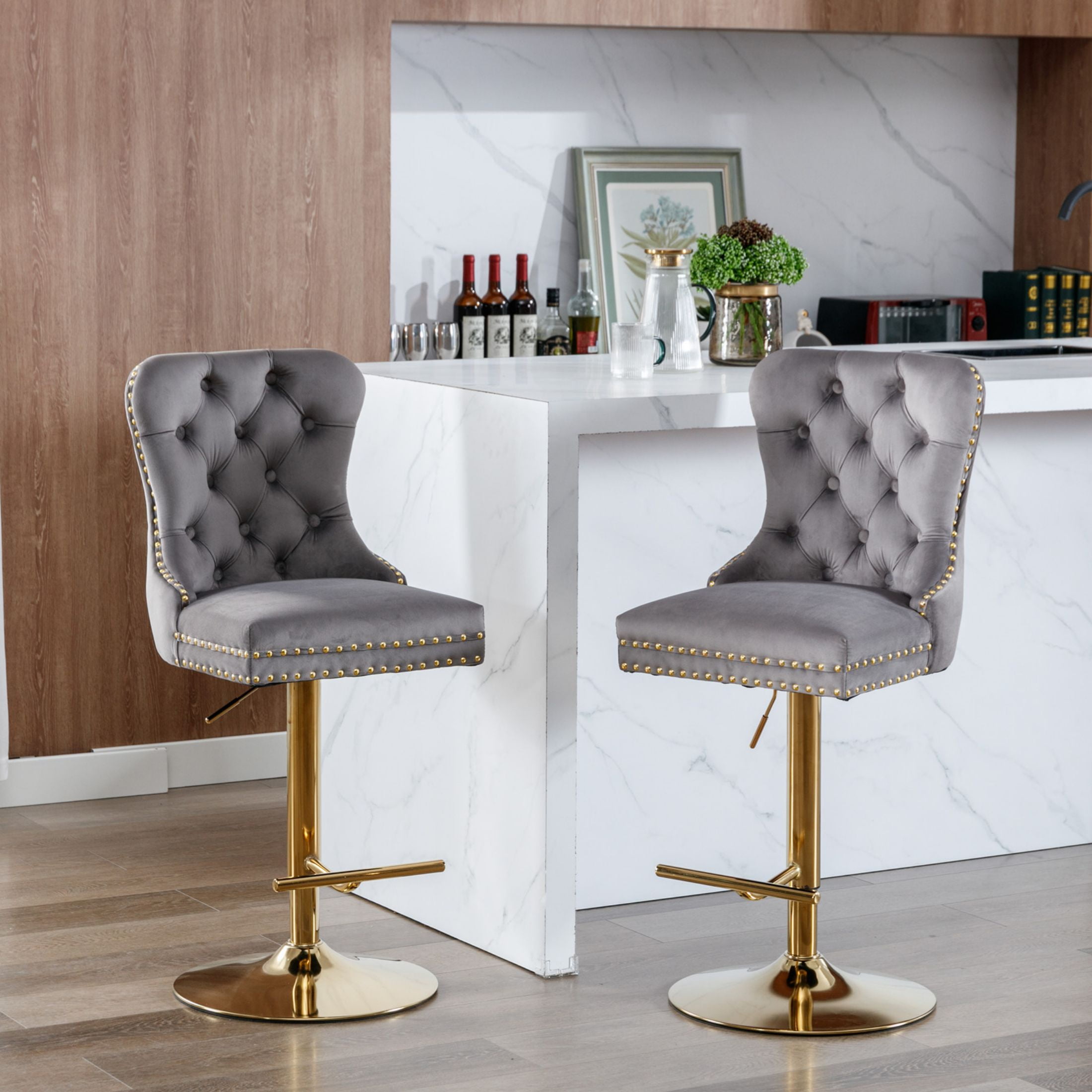 PORKISS Bar Stools Set of 2, Gold Velvet Swivel Barstools with Tufted Backs and Footrests, Upholstered Adjustable Seat From 27" to 35" for Home Pub, Kitchen Island, Gray