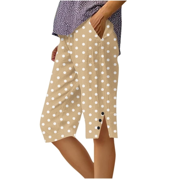 fheaev Capri Pant for Women Polka Dots Cotton Linen Loose Fit Side Slit Hem Button Detail Summer Casual Straight Leg with Pockets S-XL