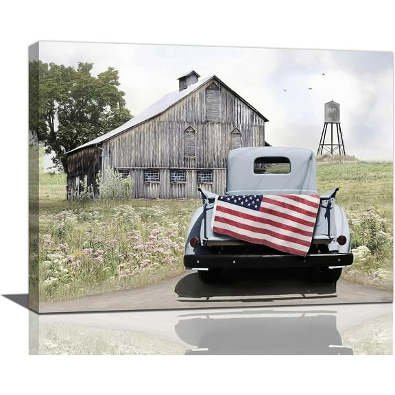 Farmhouse Wall Art Rustic Old Barn Canvas Painting Print Country Landscape Truck Pictures Wall Decor Framed Artwork Home Decoration for Living Room Kitchen Bathroom 12"x16"