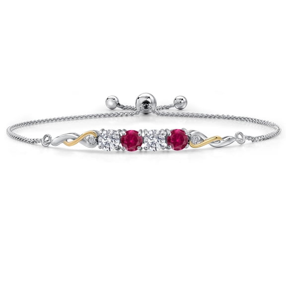 Gem Stone King 925 Silver and 10K Yellow Gold White Lab Grown Diamond and Red Created Ruby Bracelet for Women | 2.22 Cttw | Gemstone April Birthstone | Round 5MM | Fully Adjustable 9 inch