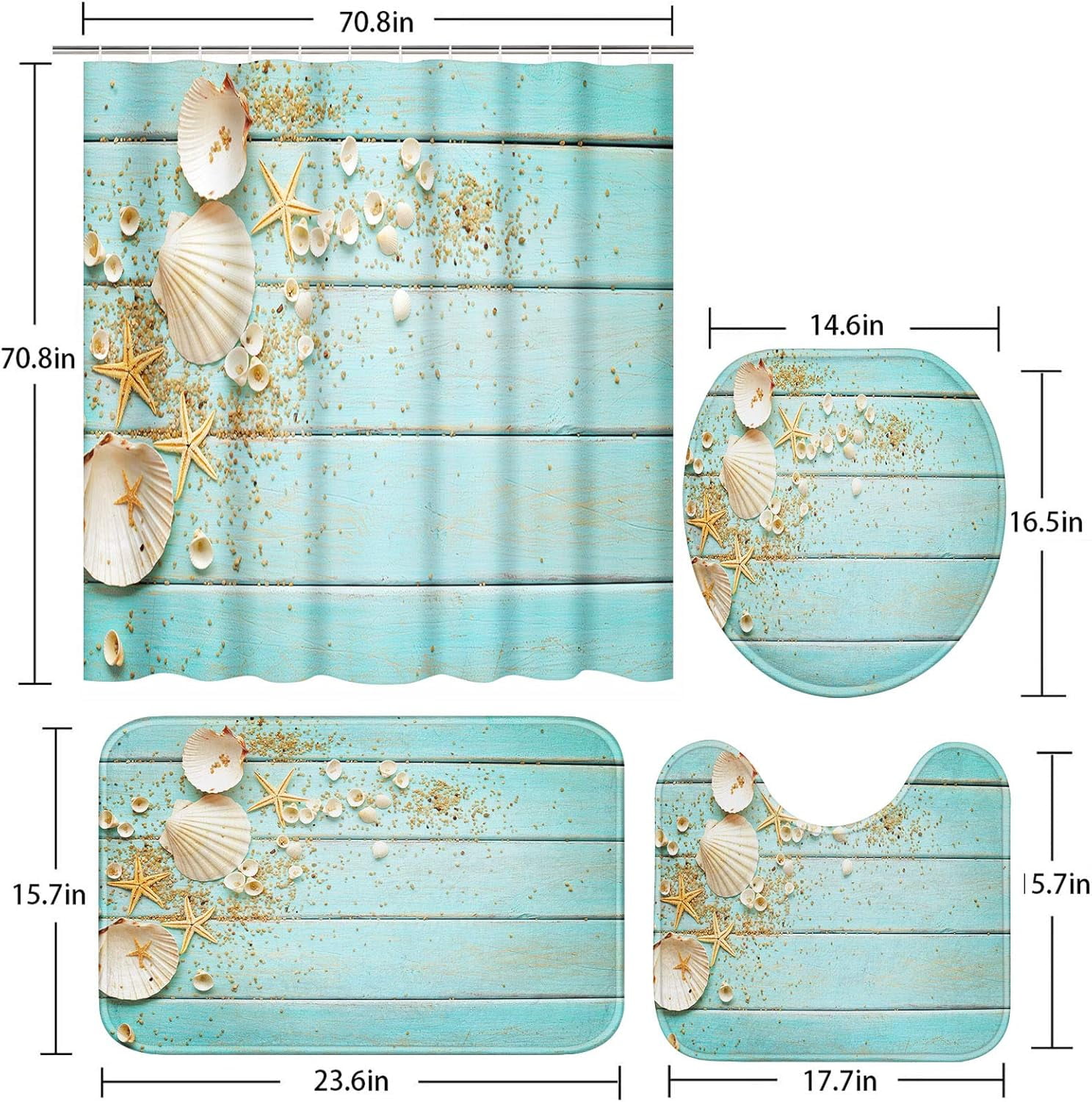 4 Pcs Shower Curtain Set Starfish Seashells Wooden Nautical Sand Beach Shell Sea Blue with Non-Slip Rugs Toilet Lid Cover and Bath Mat Bathroom Decor Set 72" x 72"
