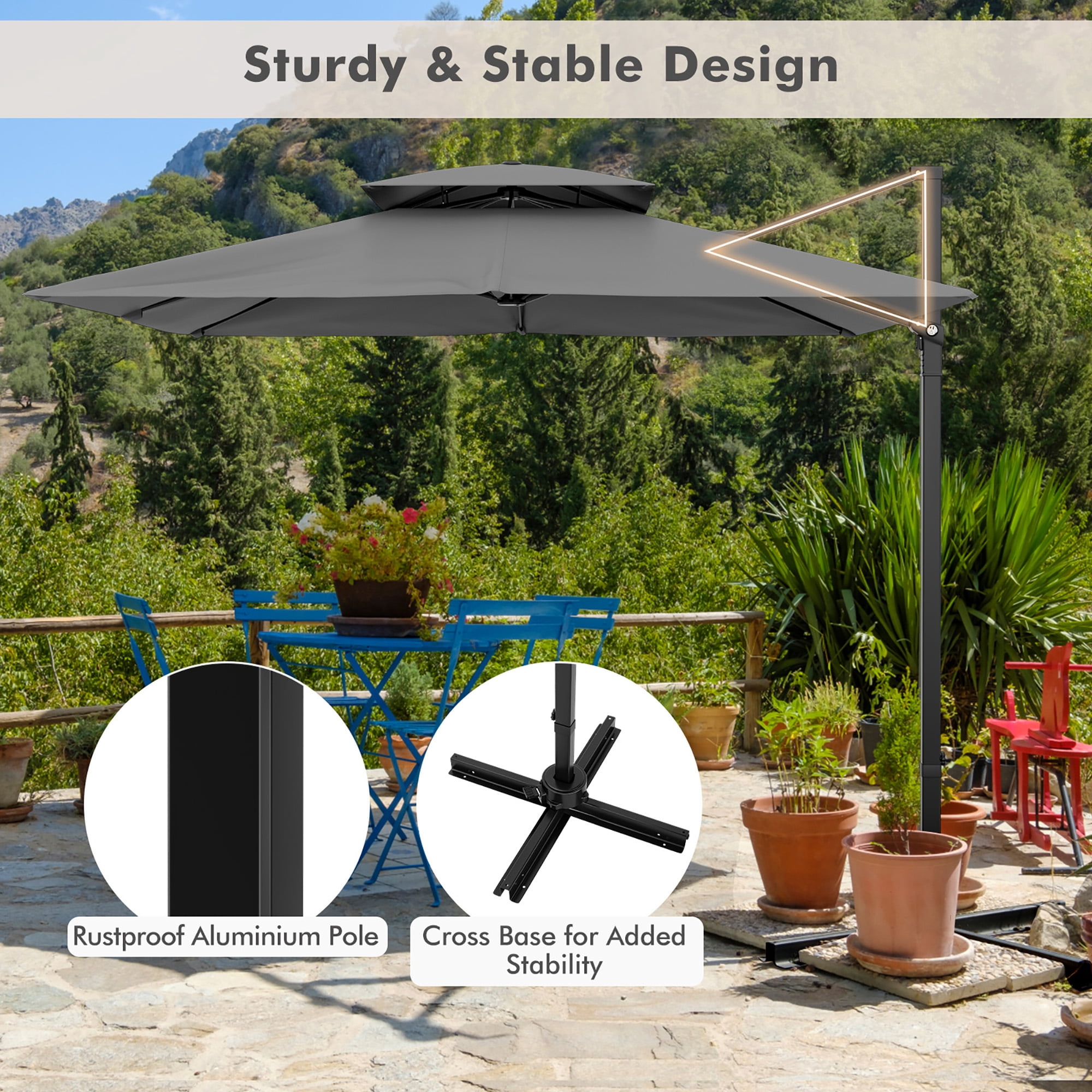 Gymax Patio 9.5FT Square Cantilever Offset Umbrella Double Vented 360°  Heavy Duty Gray