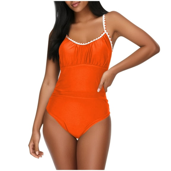 CLOISE Womens One Piece Swimsuits Plus Size Full Coverage Bathing Suit Color Block Swimwear Vacation Beachwear Orange L