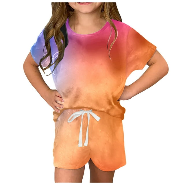 WEIYLL Outfits for Girls 2025 Summer Gradient T Shirt Side Pockets Drawstring Shorts Music Lover 2 Pcs Kids Outfit Suits 11-12 Years