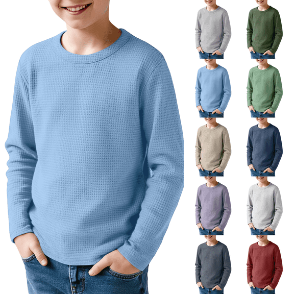 Boys Waffle Shirts Kids Thermal Long Sleeve Tops Teens Warm Winter T-Shirts Basic Athletic Tees 5-14 Years Light Blue 140
